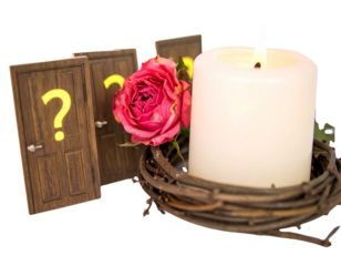 Mysterious Hallway with Multiple Doors Marked by Question Marks