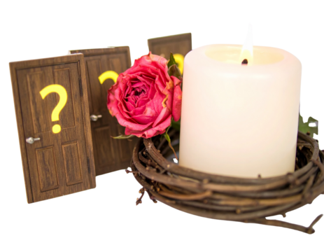 Mysterious Hallway with Multiple Doors Marked by Question Marks