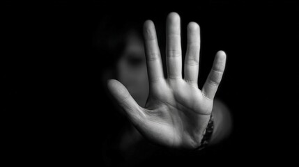 Fototapeta premium A person stands defiantly in a dark environment, raising their hand to signal a boundary while conveying a powerful message against harassment. The focus is on their determined expression