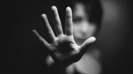 A person stands defiantly in a dark environment, raising their hand to signal a boundary while conveying a powerful message against harassment. The focus is on their determined expression
