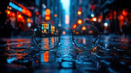 Rain-slicked city lights reflected in round glasses