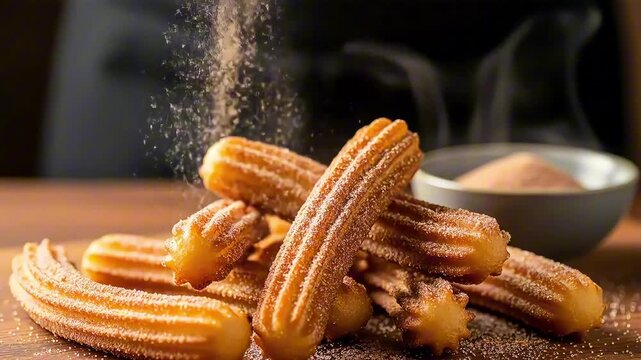A close-up of warm, freshly fried churros being dusted with a sweet cinnamon sugar mixture.
