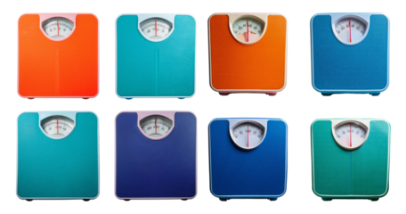 Colorful Bathroom Scales Displayed in Various Positions and Angles, isolated on transparent background