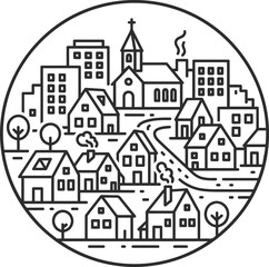 Town icon in a circle with a church and private buildings, trees and a road, black line.