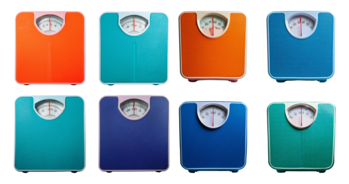 Colorful Bathroom Scales Displayed in Various Positions and Angles, isolated on transparent background