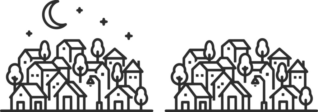 Icons of a small town or village or sleeping area with private houses, with and without the moon and stars, black line icons.