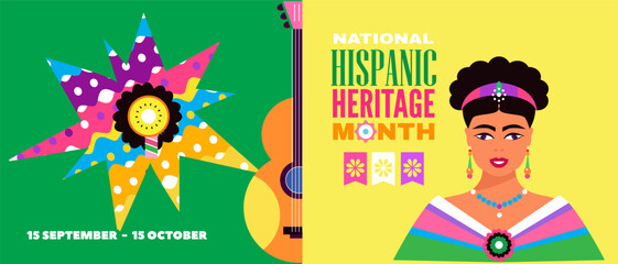 National Hispanic heritage month banner with girl, papel picado, guitar Hispanic and Latino Americans culture, event Celebrate annual october in United States Vector illustration template background
