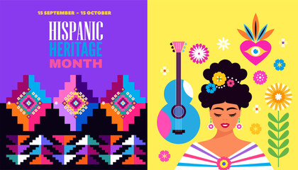 National Hispanic heritage month banner with girl, papel picado, guitar Hispanic and Latino Americans culture, event Celebrate annual october in United States Vector illustration template background