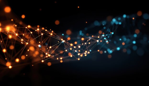 Abstract network of glowing orange and teal dots connected by lines on a dark background
