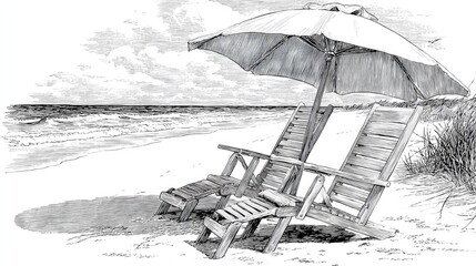 Beach scene with beach chairs and umbrella.