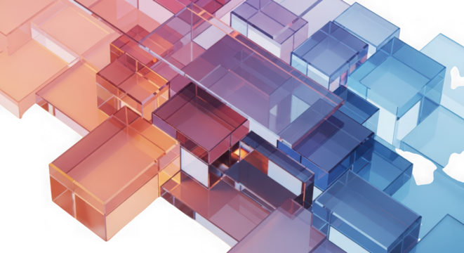 Ai generated image of abstract geometric pattern of transparent glass blocks with color gradient isolated on transparent background