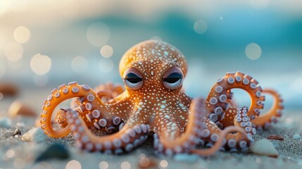 Obraz premium Charming octopus resting in the sand by the sea with bokeh background