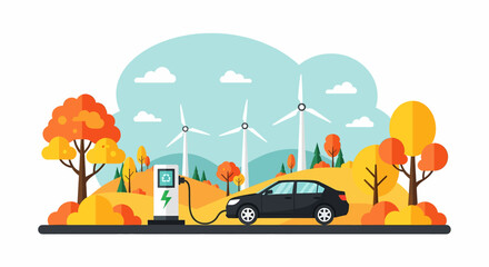Adobe Illustrator Artwork Vibrant vector flat illustration of a electric car charging with wind turbines and autumn trees in the background. Symbolizes clean energy, ecology, and sustainable transport