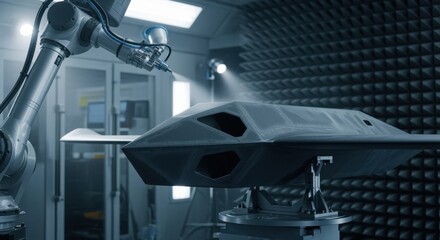 Industrial robotics painting UAV parts with stealth technology coating inside a secure spray booth designed for radar signature suppression.