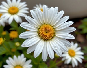 Fototapeta premium Fresh Daisy with Water Droplets Garden Background