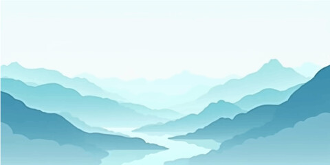 Obraz premium Misty mountain landscape with clouds and hills under a blue sky at sunrise