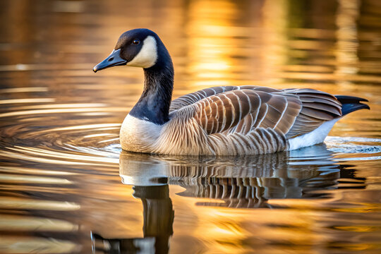 A canada goose swimming gracefully in calm water reflecting the golden light of sunset or sunrise