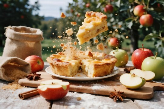Freshly Baked Apple Pie with a Slice in Mid-Air, Surrounded by Apples and Cinnamon Sticks