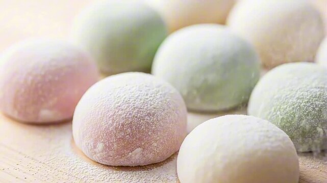 A close-up of colorful pastel mochi rice cakes dusted with powder on a wooden surface.