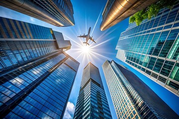Looking up through modern skyscrapers towards a bright sun and airplane
