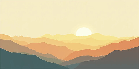 Golden sunrise over misty mountains with hills, forest, and valley view