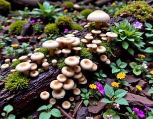 Vibrant Forest Ecosystem with Diverse Fungi and Flora