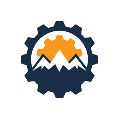 Dark Blue Gear with Orange Mountain Peaks and White Background wheel mechanism