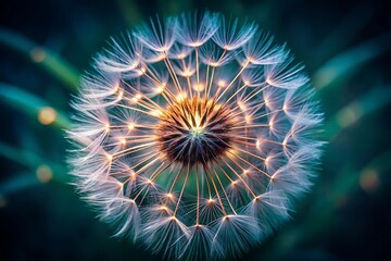 Macro view of a dandelion seed head with glowing center and soft bokeh background