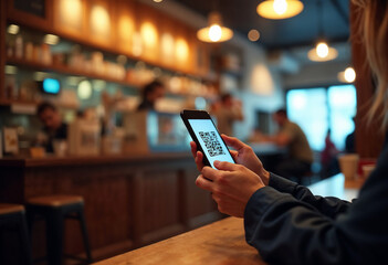 Woman scanning QR code with smartphone at cafe. Paying with mobile phone shows modern technology and convenient payment methods, using mobile to read QR code. Concept QR code payment for lifestyle.