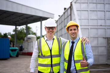 Blue collar workers are working and meeting at warehouse.