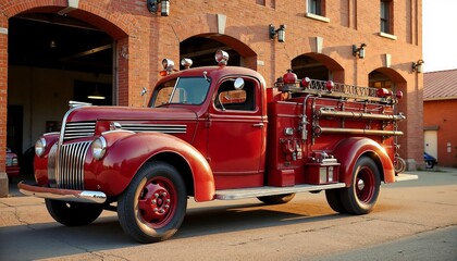 Classic Vintage Fire Truck stands ready for action, old red fire engine parked near brick firehouse. Classic Vintage Fire Truck brings nostalgia, representing courage, safety, and service.