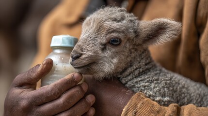 A close-up of a hand feeding a fluffy lamb from a baby bottle.