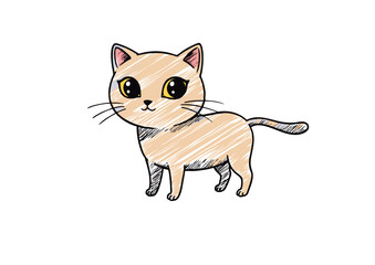 Obraz premium Charming hand-drawn sketch of a cute cartoon cat. Adorable kitten doodle with a colored pencil texture on a white background.