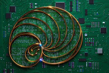 Golden Spiral on Green Circuit Board – Abstract Tech and Binary Data Fusion