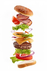 Delicious Hamburger Ingredients in mid air floating sesame bun beef patty cheese lettuce tomato onion and bacon