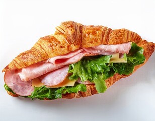 Delicious Ham and Cheese Croissant Sandwich with Fresh Lettuce A Gourmet Breakfast or Lunch Option