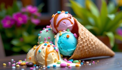 Colorful Ice Cream Cone with Drizzle and Sprinkles