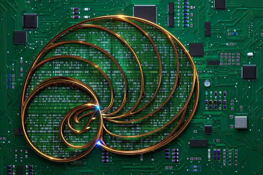 Golden Spiral on Green Circuit Board – Abstract Tech and Binary Data Fusion