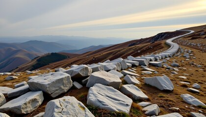 Tranquil Rugged Landscape with Foggy Hills and Boulders