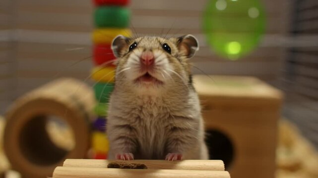 Adorable dwarf hamster looking directly at the camera in its cage.
