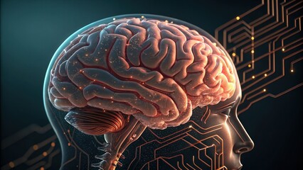 Futuristic human brain with glowing circuits, symbolizing AI and advanced technology