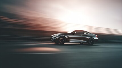 A sleek sports car in motion, showcasing speed and dynamic lighting on a simple road.