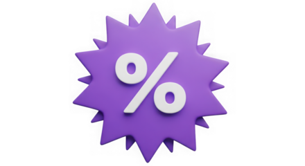 Ai generated image of purple starburst with percent symbol isolated on transparent background