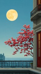 Balcony view of pink blossoms under a full moon