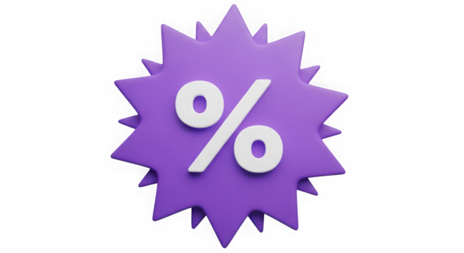 Ai generated image of purple starburst with percent symbol isolated on transparent background