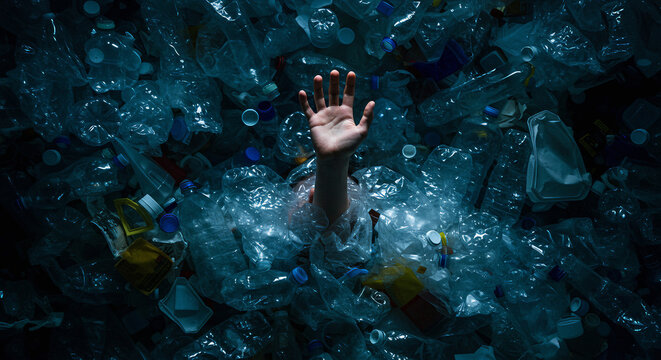 Environmental crisis represented by a hand amidst plastics