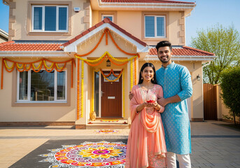 indian young couple standing in front of newly bought home decorated for diwali with lights and garlands