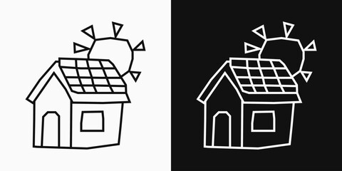 Fototapeta premium Solar House Icon in Black and White Line Art with a Cutout Effect