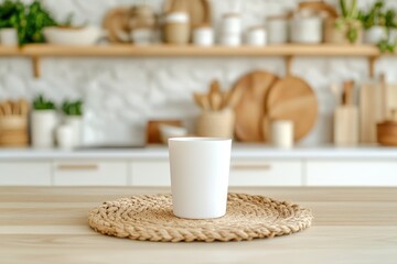 Obraz premium White mug on a woven placemat on a light wooden table in a bright kitchen.