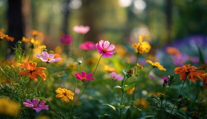 Fototapeta premium Colorful cosmos flowers in a sunlit meadow